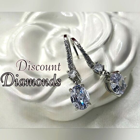 Oval Cut Clear / White Diamond Earrings with Baguette Diamonds 925 Silver - Picture 6 of 9